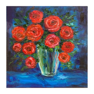 Rose Painting Floral Original Art Red Rose Wall Art Rose Impasto Painting Red Flower Artwork Rose painting on canvas 10x10 inches by Alla