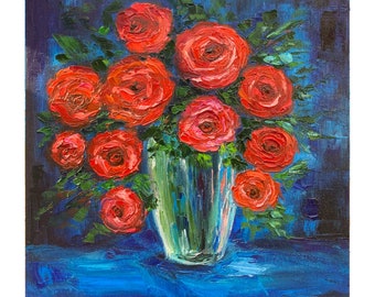 Rose Painting Floral Original Art Red Rose Wall Art Rose Impasto Painting Red Flower Artwork Rose painting on canvas 10x10 inches by Alla