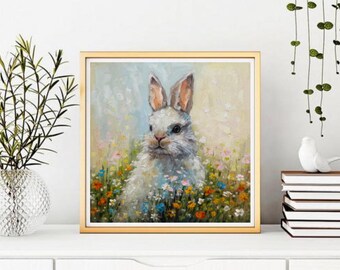 Rabbit Impasto Painting: Original Bunny Art, Textured Oil on Panel