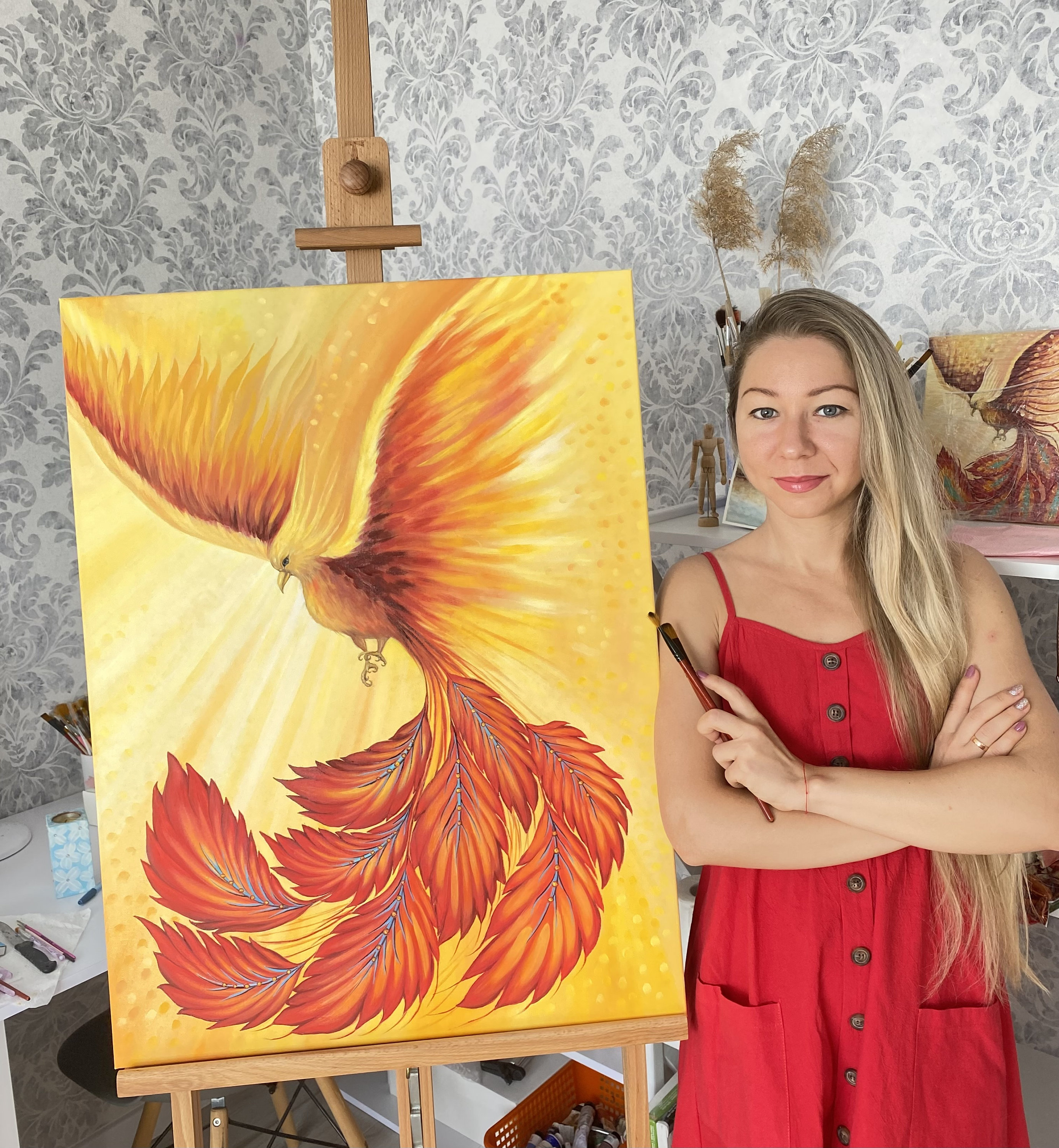 オリジナルフェニックス油絵：火の鳥インパストアート（35.5x23.5