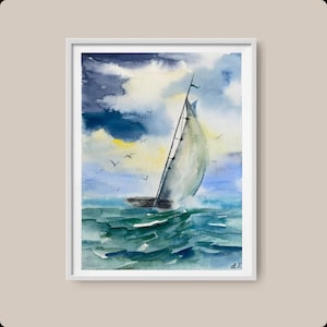 Coastal landscape painting fine art print Sailboat art print neutral ocean painting watercolor seascape large wall art boat watercolor art