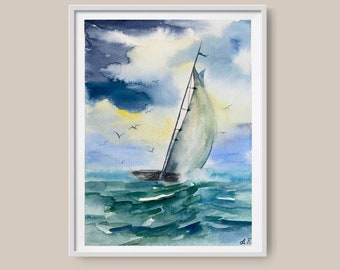 Coastal landscape painting fine art print Sailboat art print neutral ocean painting watercolor seascape large wall art boat watercolor art