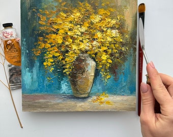 ミモザのインパスト画：オリジナルの花のアート、黄色の花（8x8インチ