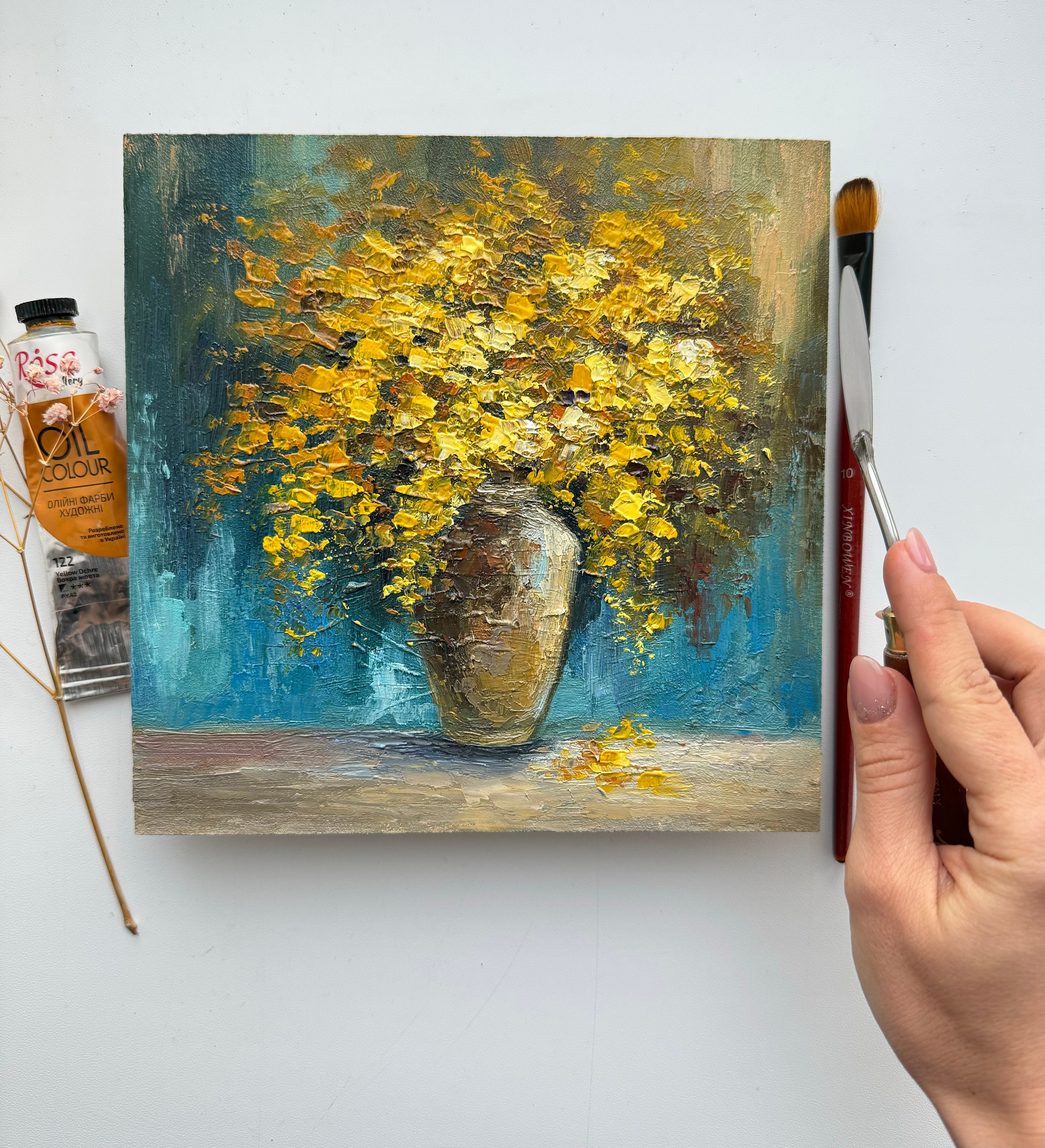 ミモザのインパスト画：オリジナルの花のアート、黄色の花（8x8インチ