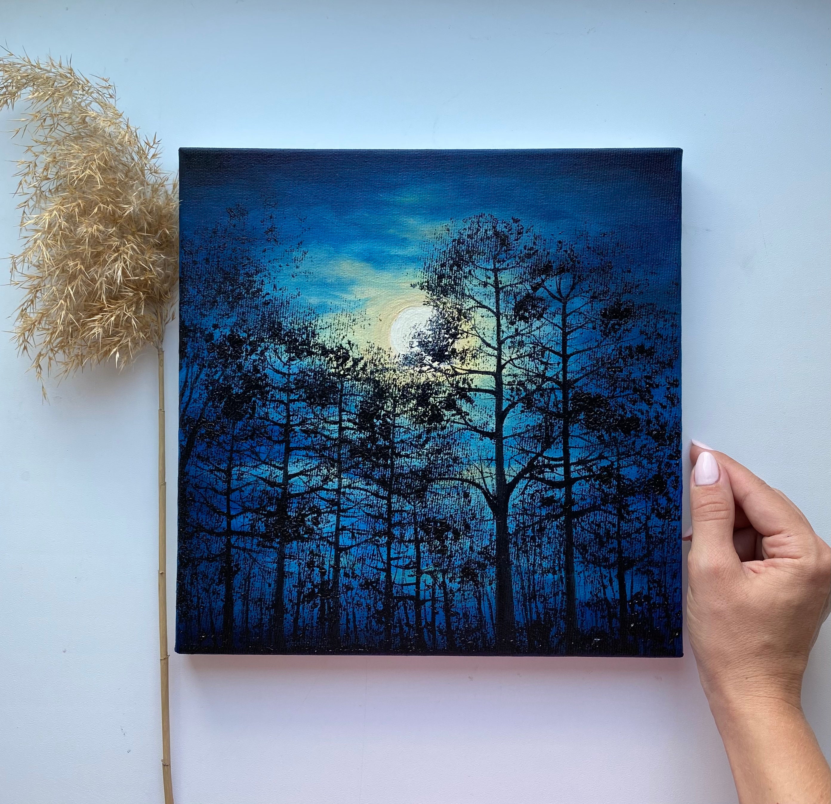 絵画 松木満才 インテリア オリジナル油絵:満月の松の木の夜景(10 x 10インチ) - Etsy 日本