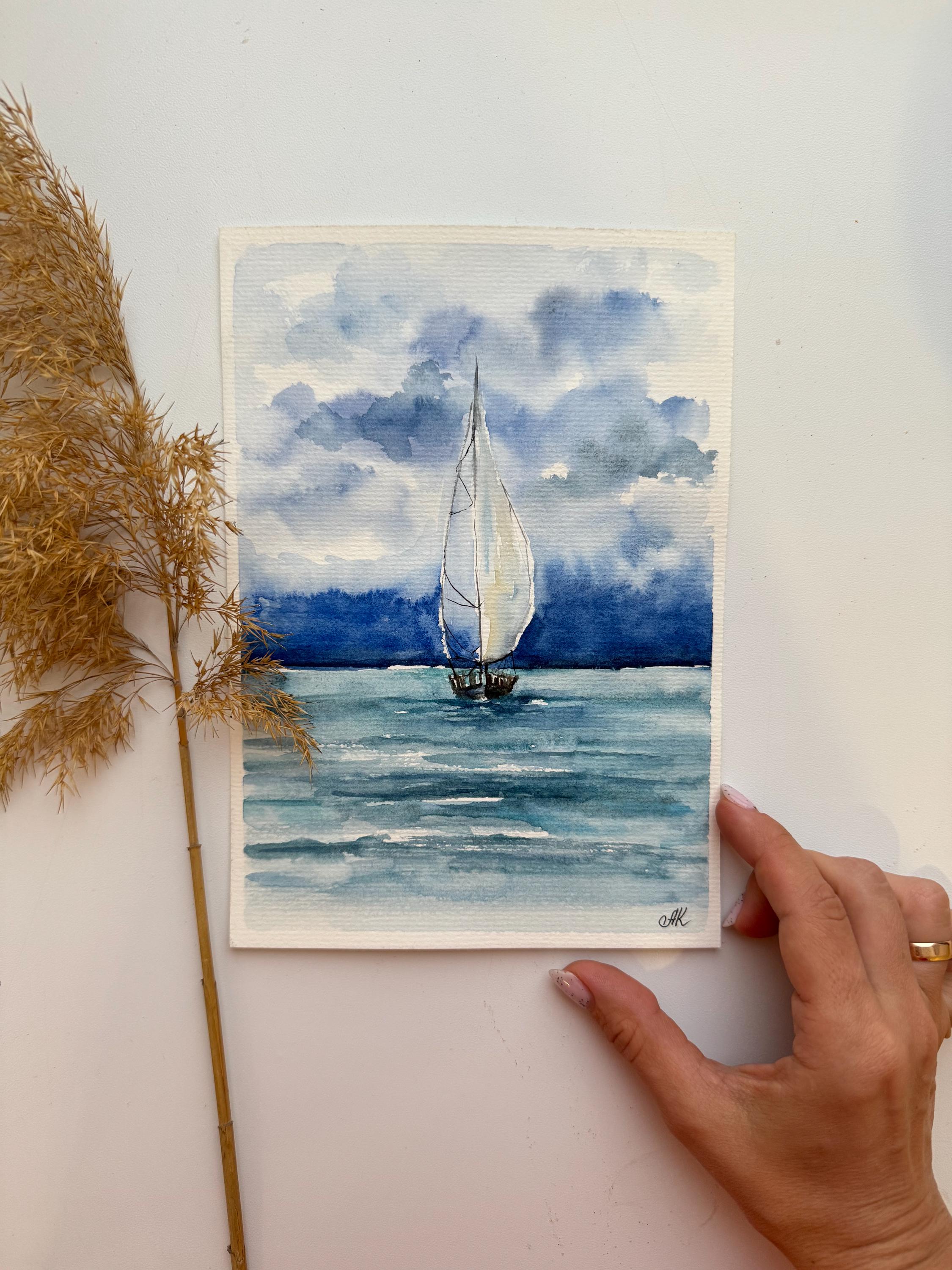 オリジナル水彩画「帆船」：カリフォルニアの海景アート 6x8 - Etsy 日本