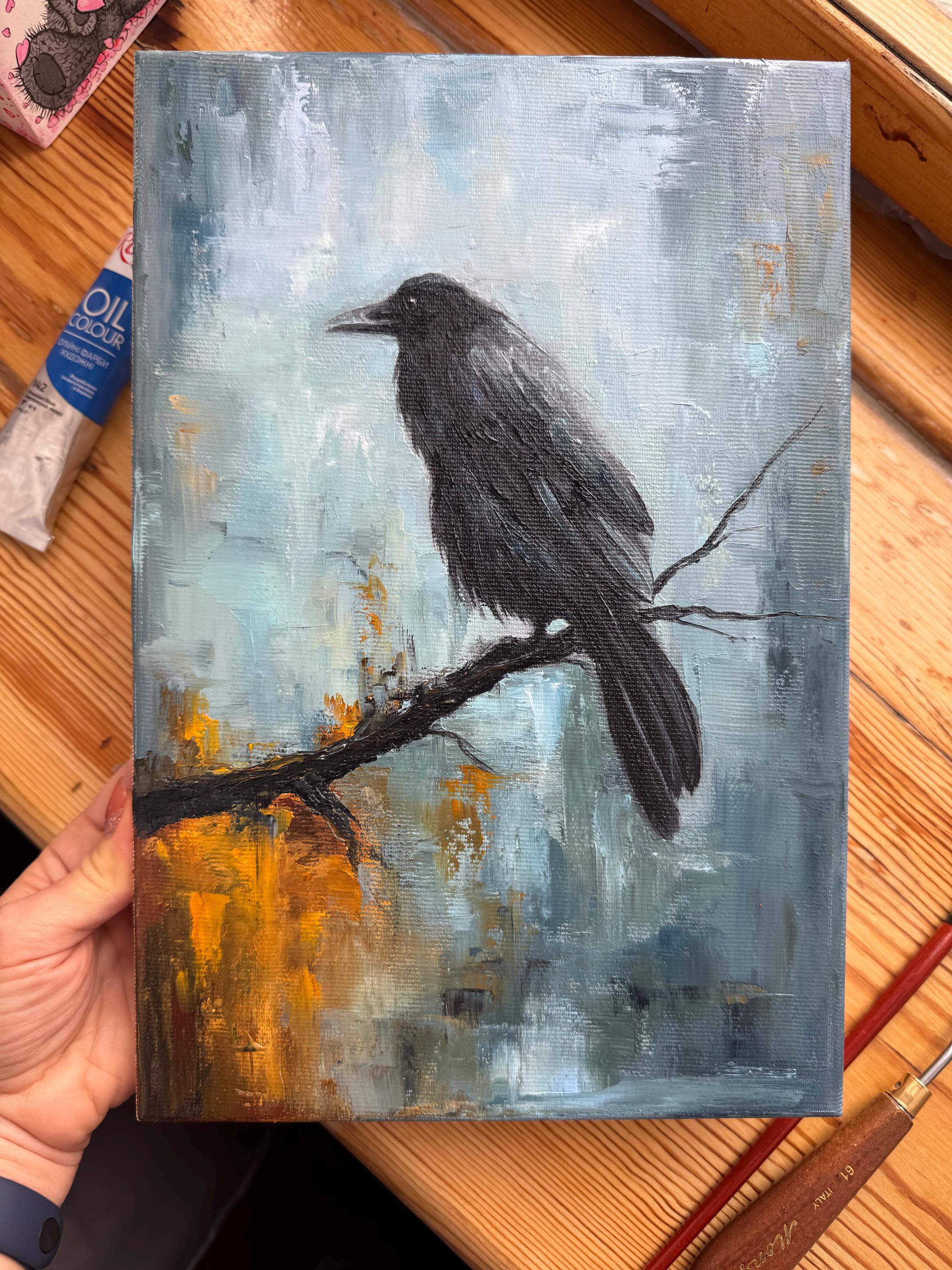 Raven Oil Painting: Impasto Black Bird Art, 12x8 Canvas - Etsy