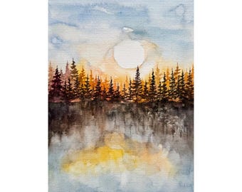 Original Watercolor Painting - Forest Reflection Landscape Art, Handmade Wall Decor