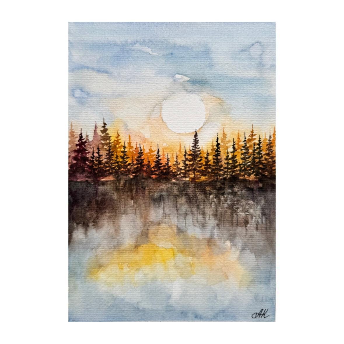 オリジナル水彩画 - 森の反射風景画、手作りの壁飾り - Etsy 日本
