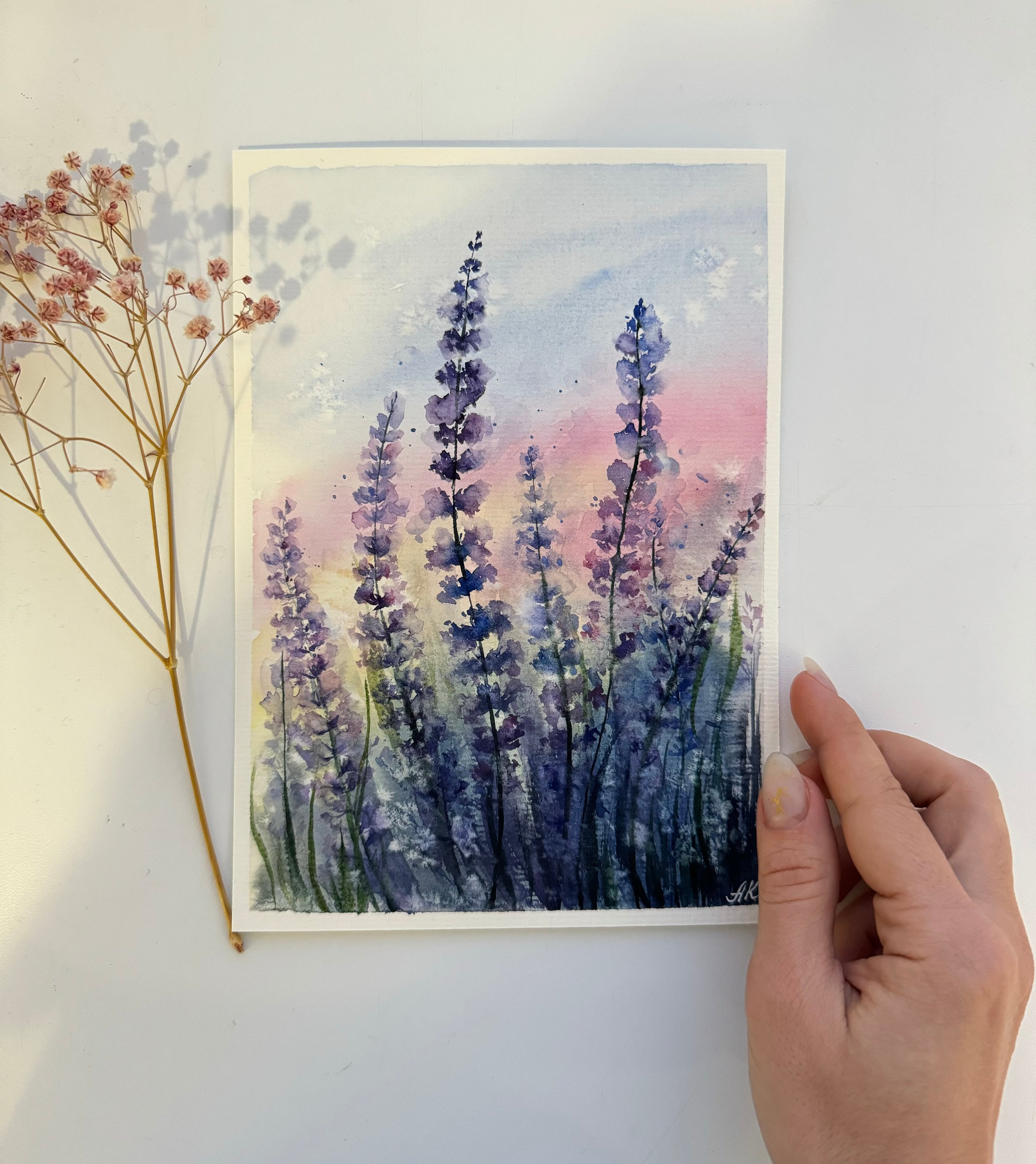 ラベンダー畑の水彩画：プロヴァンスの風景画（6x8） - Etsy 日本