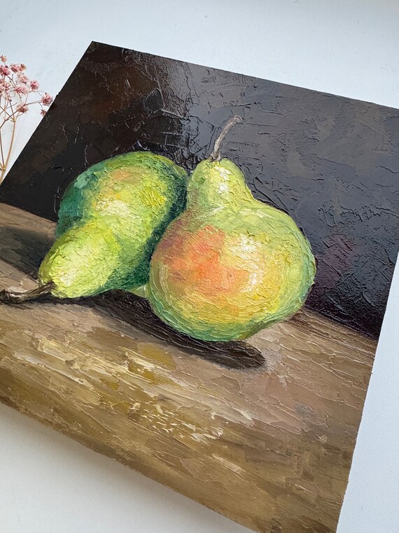 オリジナルの洋梨の油絵：インパストフルーツ静物画、8x8 - Etsy 日本