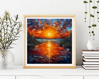 ミシガン湖の夕日の油絵：オリジナルのインパスト風景画（8 x 8インチ
