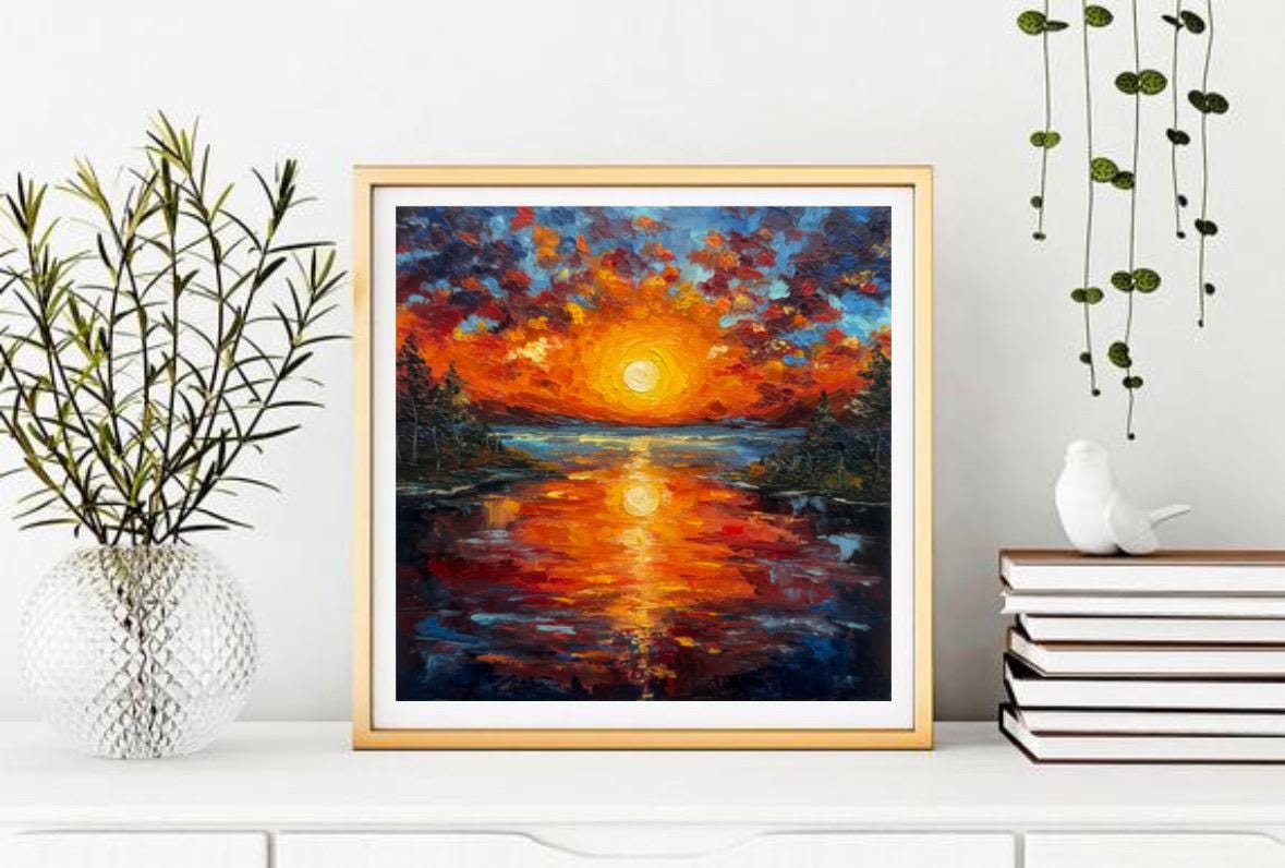 ミシガン湖の夕日の油絵：オリジナルのインパスト風景画（8 x 8インチ