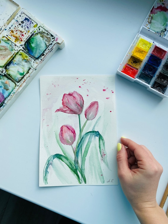 オリジナルチューリップ水彩画：小さな花のアートワーク（8x6） - Etsy