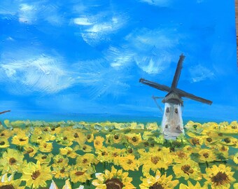 インパストひまわり畑の絵画：オランダの風車の風景、8x8のオリジナル