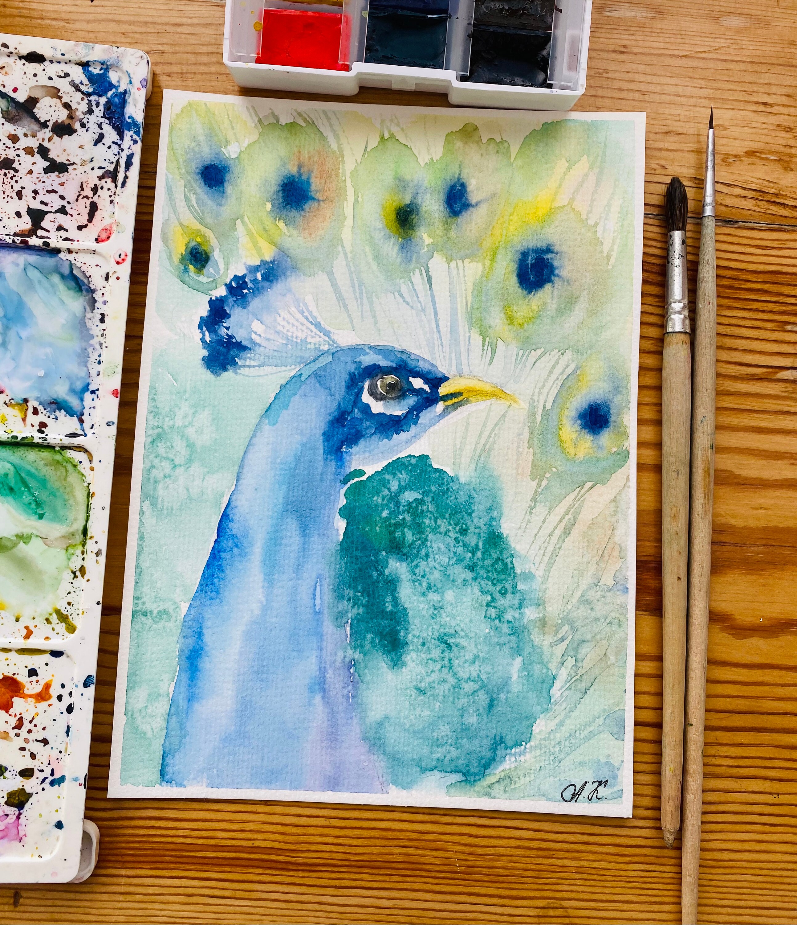 オリジナルの孔雀の水彩画：カラフルな鳥の壁アート（8x6） - Etsy 日本