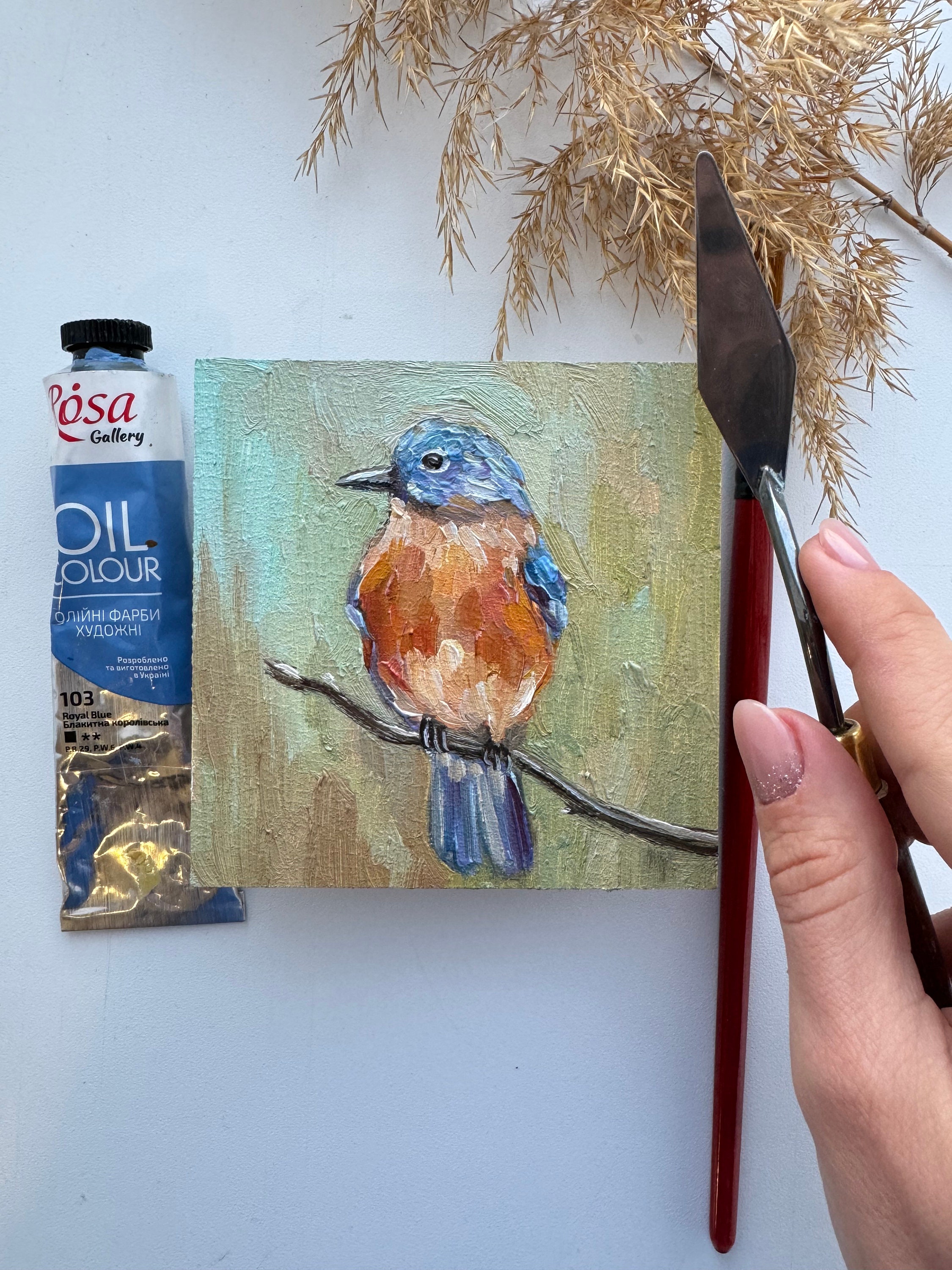 青い鳥の油絵：小さなインパスト鳥アート（4x4インチ） - Etsy 日本