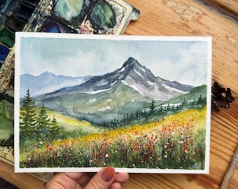 ロッキー山脈の水彩画：コロラドの野花の風景画（6x8） - Etsy 日本