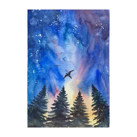 夜の森の水彩画：銀河の空の松の木、6x8のオリジナルアート