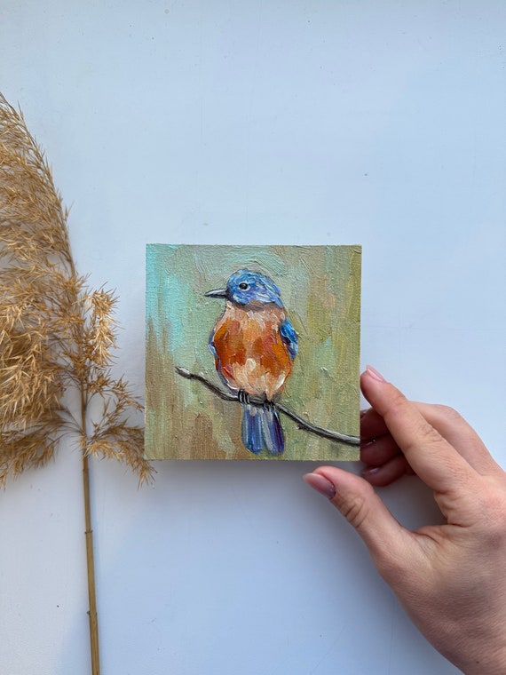 青い鳥の油絵：小さなインパスト鳥アート（4x4インチ） - Etsy 日本