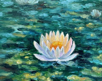 睡蓮の池の絵画：オリジナルのインパスト蓮の風景画（7x5） - Etsy 日本