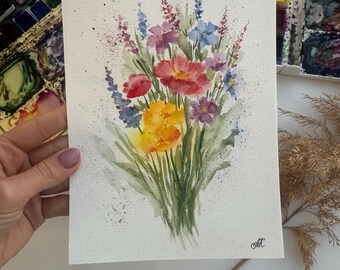 オリジナルの野花の水彩画：草原の花のアート（8x6インチ） - Etsy 日本