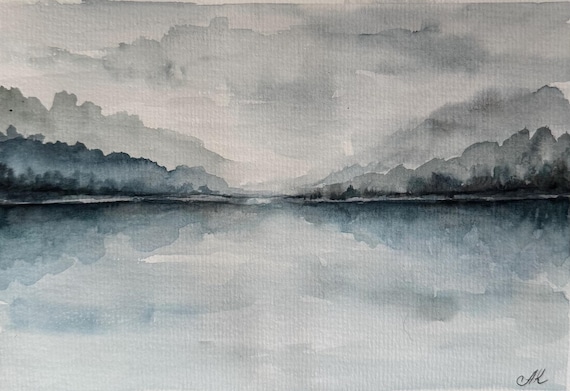 オリジナル水彩画「霧の湖」：抽象風景画、8 x 6インチ - Etsy 日本