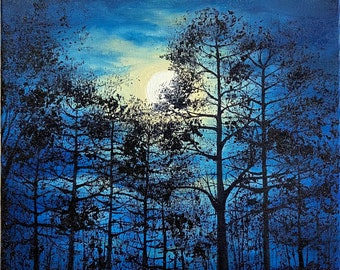 オリジナル油絵：満月の松の木の夜景（10 x 10インチ） - Etsy 日本