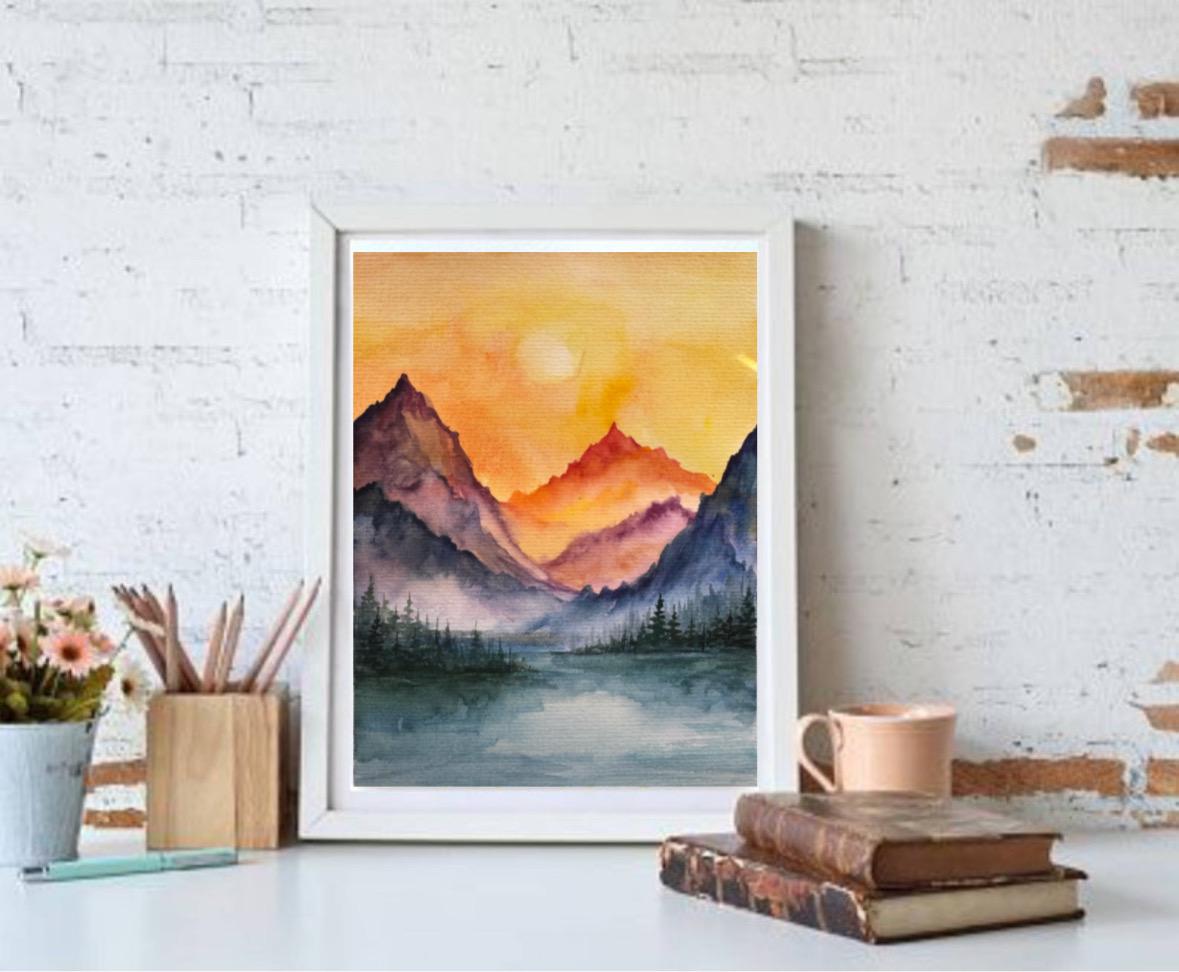 オリジナル水彩画 山川 松の木 風景画 6x8インチ - Etsy 日本
