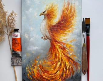 フェニックスの絵画：キャンバスに油彩を描いたインパスト画 - 燃える