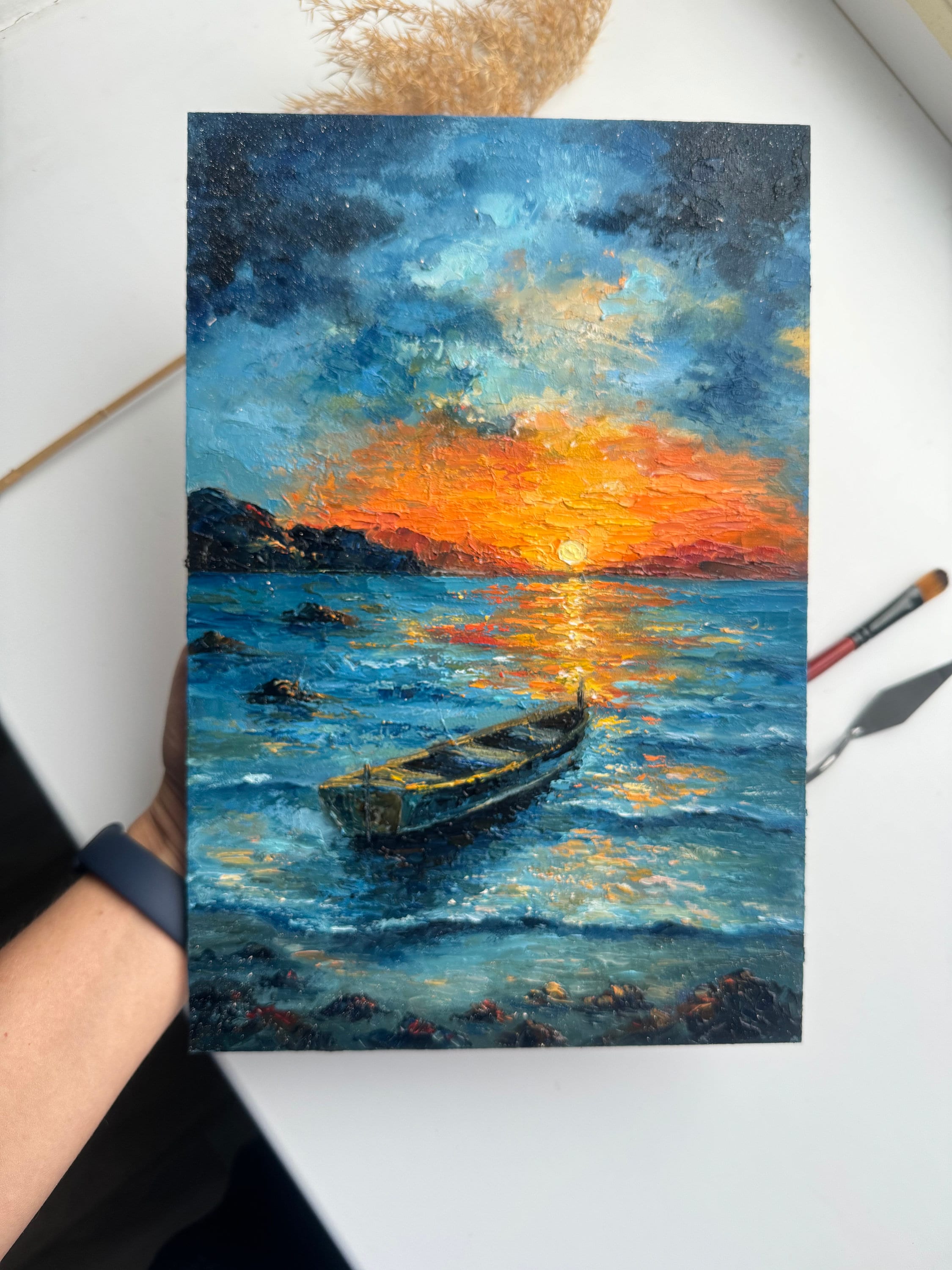 漁船の油絵：インパスト海景画、12x8 - Etsy 日本