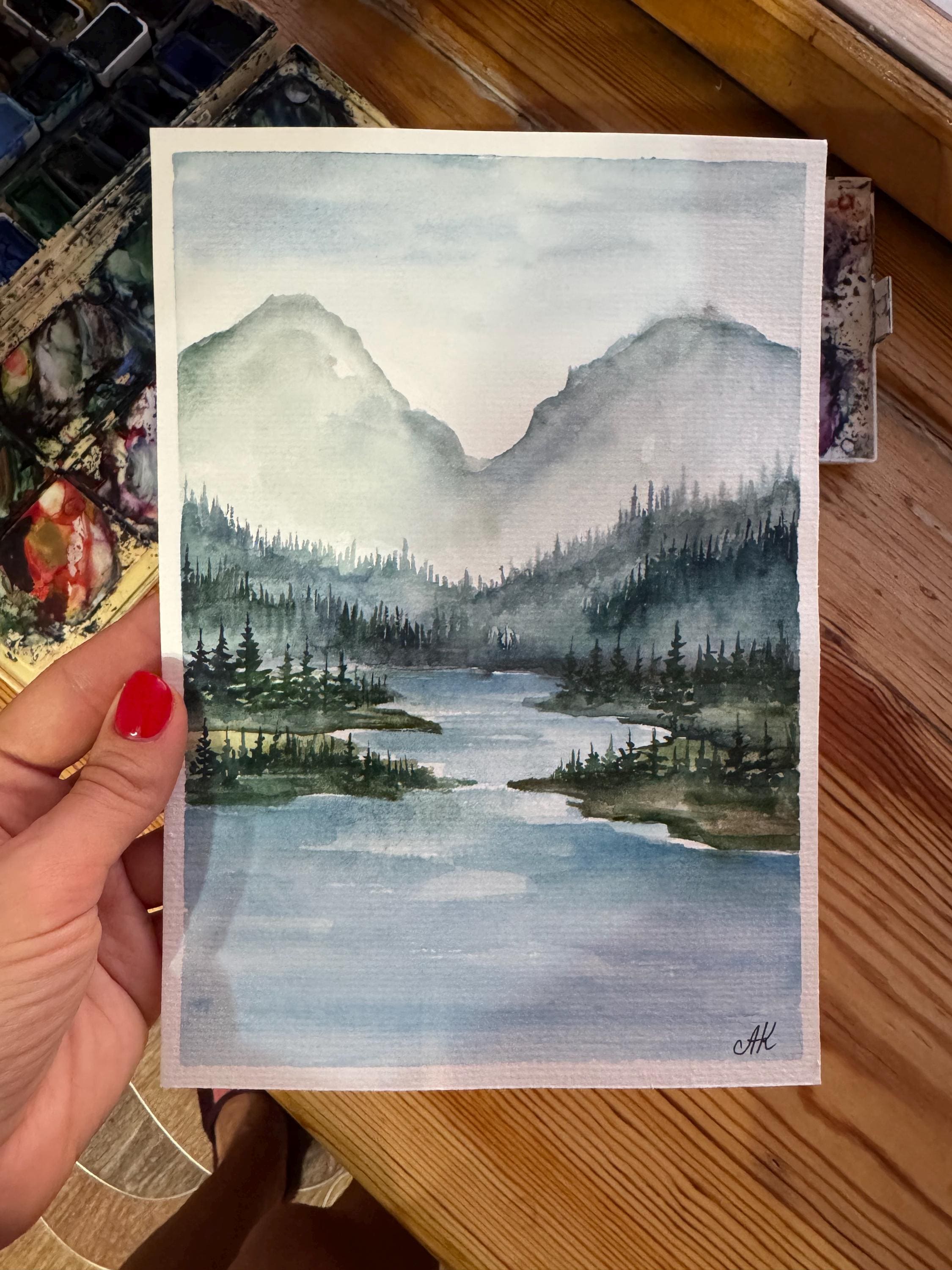 オリジナル水彩画「山と川」：松の木の風景画（6x8インチ） - Etsy 日本