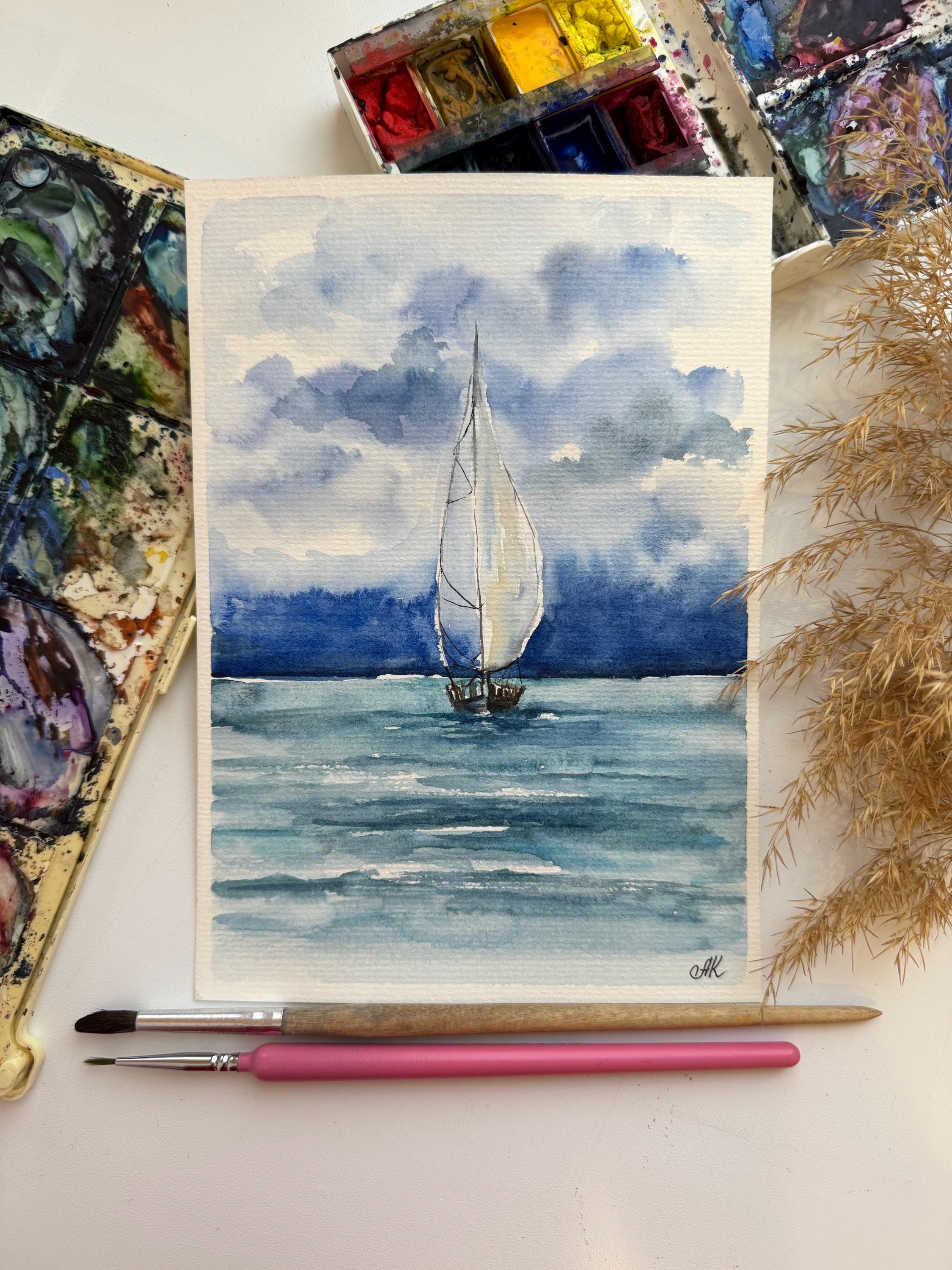 オリジナル水彩画「帆船」：カリフォルニアの海景アート 6x8 - Etsy 日本