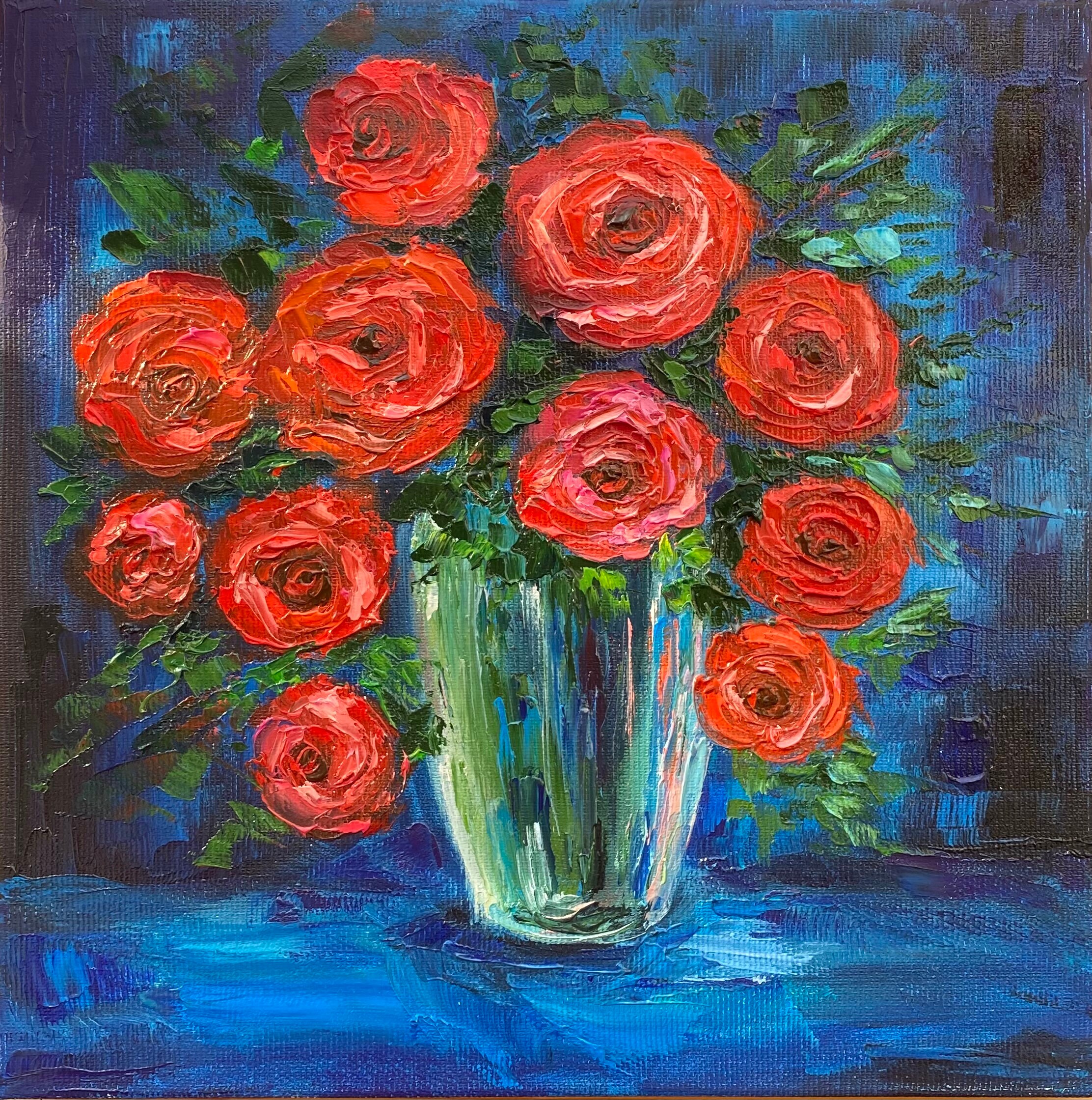 Red Rose Impasto Painting: Floral Oil Painting on Canvas (10x10