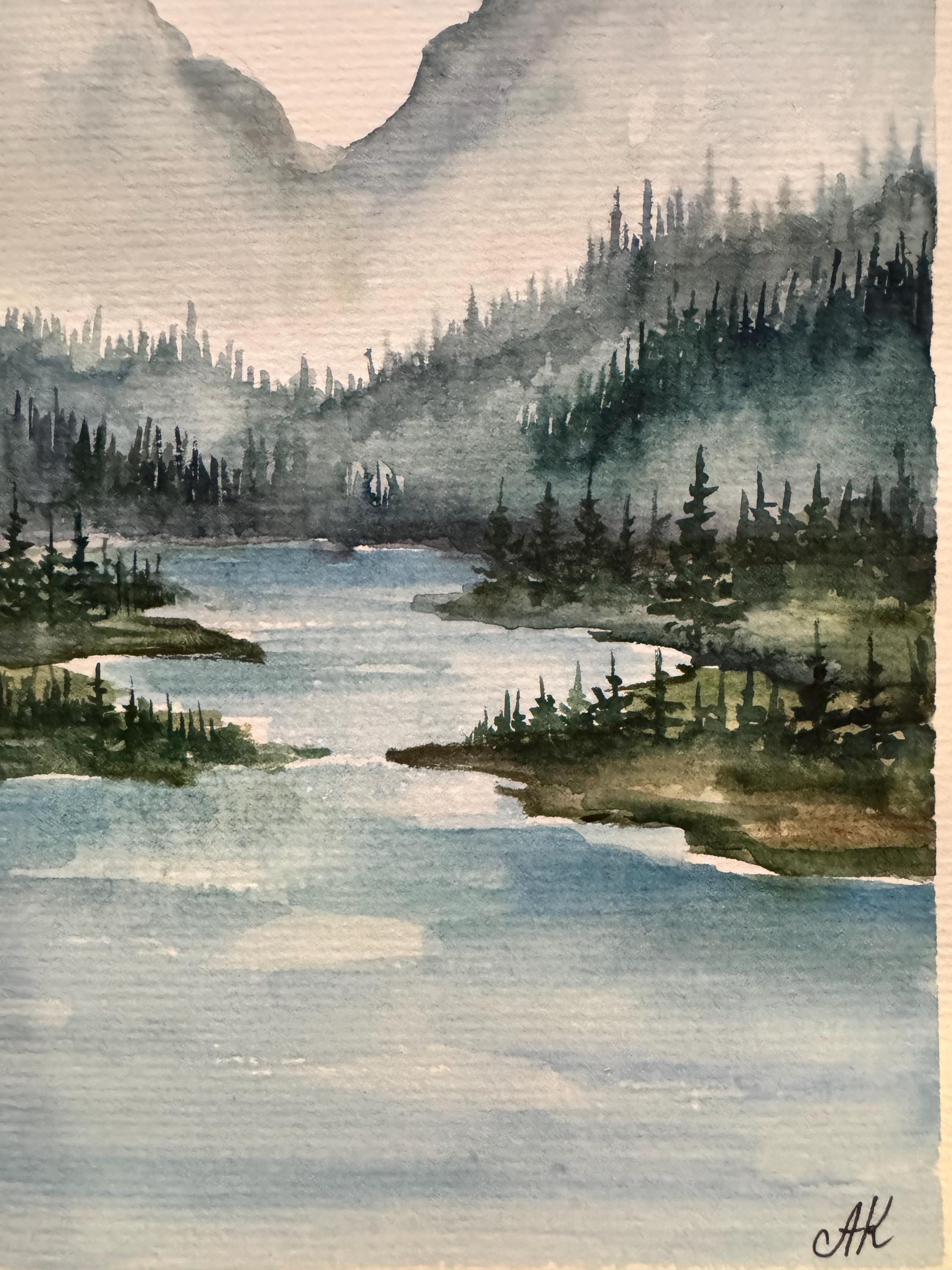 オリジナル水彩画「山と川」：松の木の風景画（6x8インチ） - Etsy 日本
