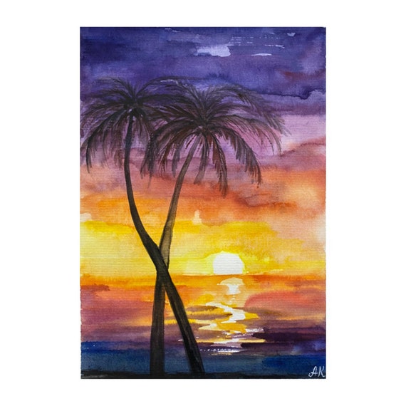ハワイの絵画 水彩画 海の景色 オリジナルアート ヤシの木の絵画 ハワイの絵画 水彩画 海の景色 オリジナルアート ヤシの木の絵画