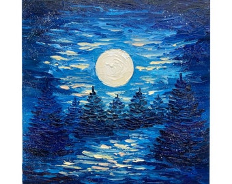 満月の松の木の油絵：夜の森のインパストアート（8x8） - Etsy 日本