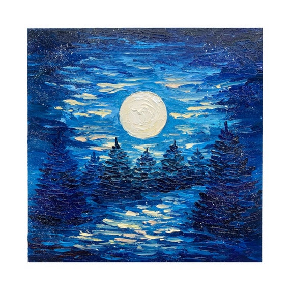 満月の風景画 松の木 オリジナルアート 夜の森 油絵 月光