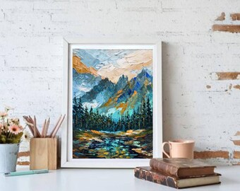 グレイシャー国立公園の油絵：インパスト山の風景画 8x6 - Etsy 日本
