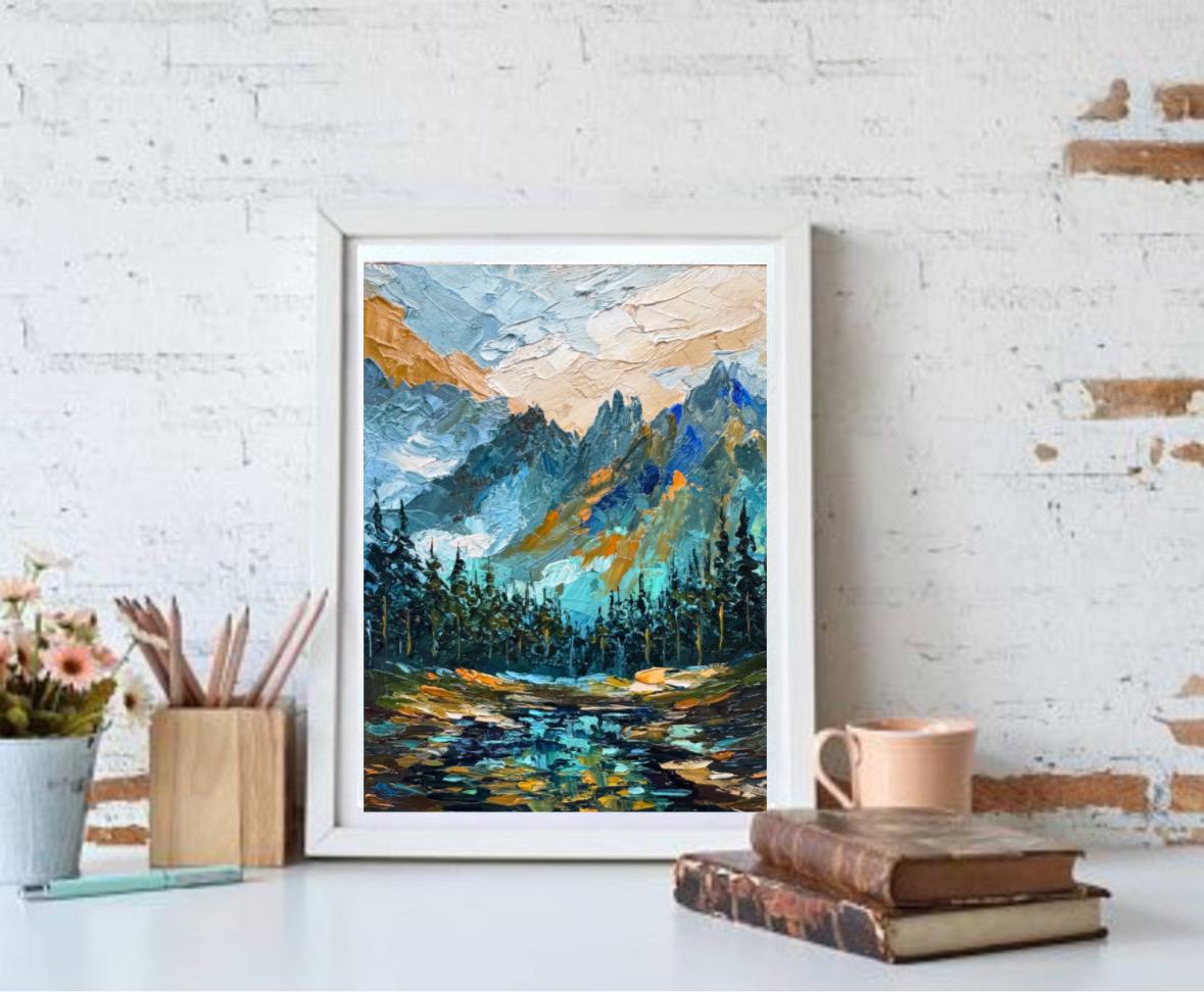 絵画・油絵・風景♡ グレイシャー国立公園の油絵：インパスト山の風景画 8x6 - Etsy 日本