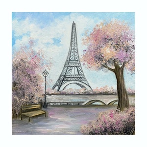 Paris Painting Original Eiffel Tower oil painting Impasto Spring Paris Wall Art French Landscape Art Blossom tree oil painting 8x8 by Alla
