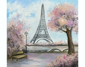 Paris Peinture Originale Tour Eiffel peinture à l’huile Impasto Spring Paris Art mural Français Paysage Art Fleur arbre peinture à l’huile 8x8 par Alla