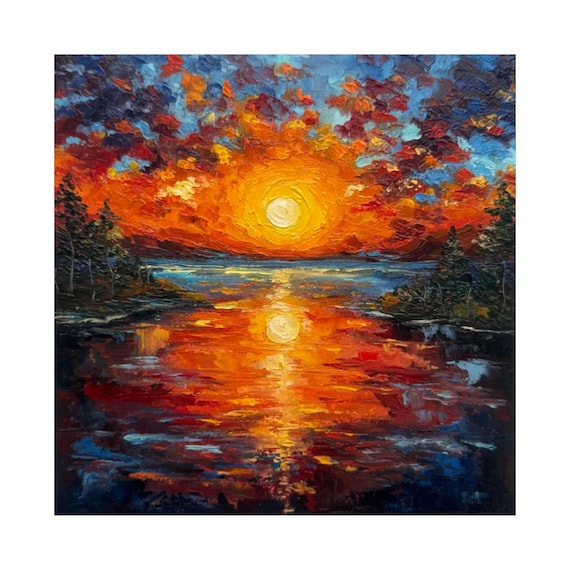 ミシガン湖の夕日の油絵：オリジナルのインパスト風景画（8 x 8インチ