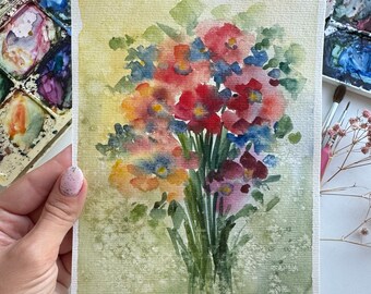 オリジナルの野花の水彩画：草原の花のアート（8x6インチ） - Etsy 日本