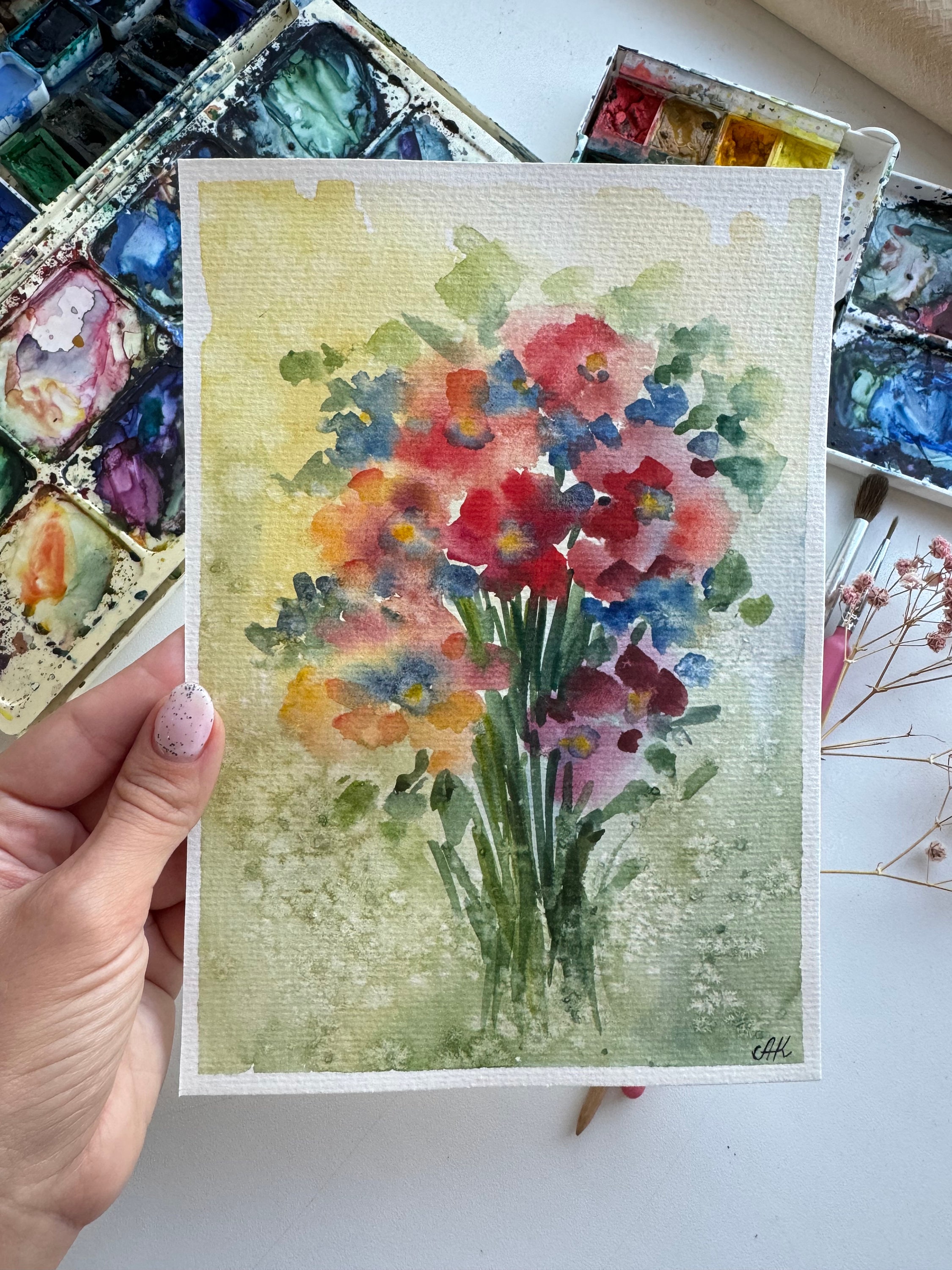オリジナルの野花の水彩画：草原の花のアート（8x6インチ） - Etsy 日本