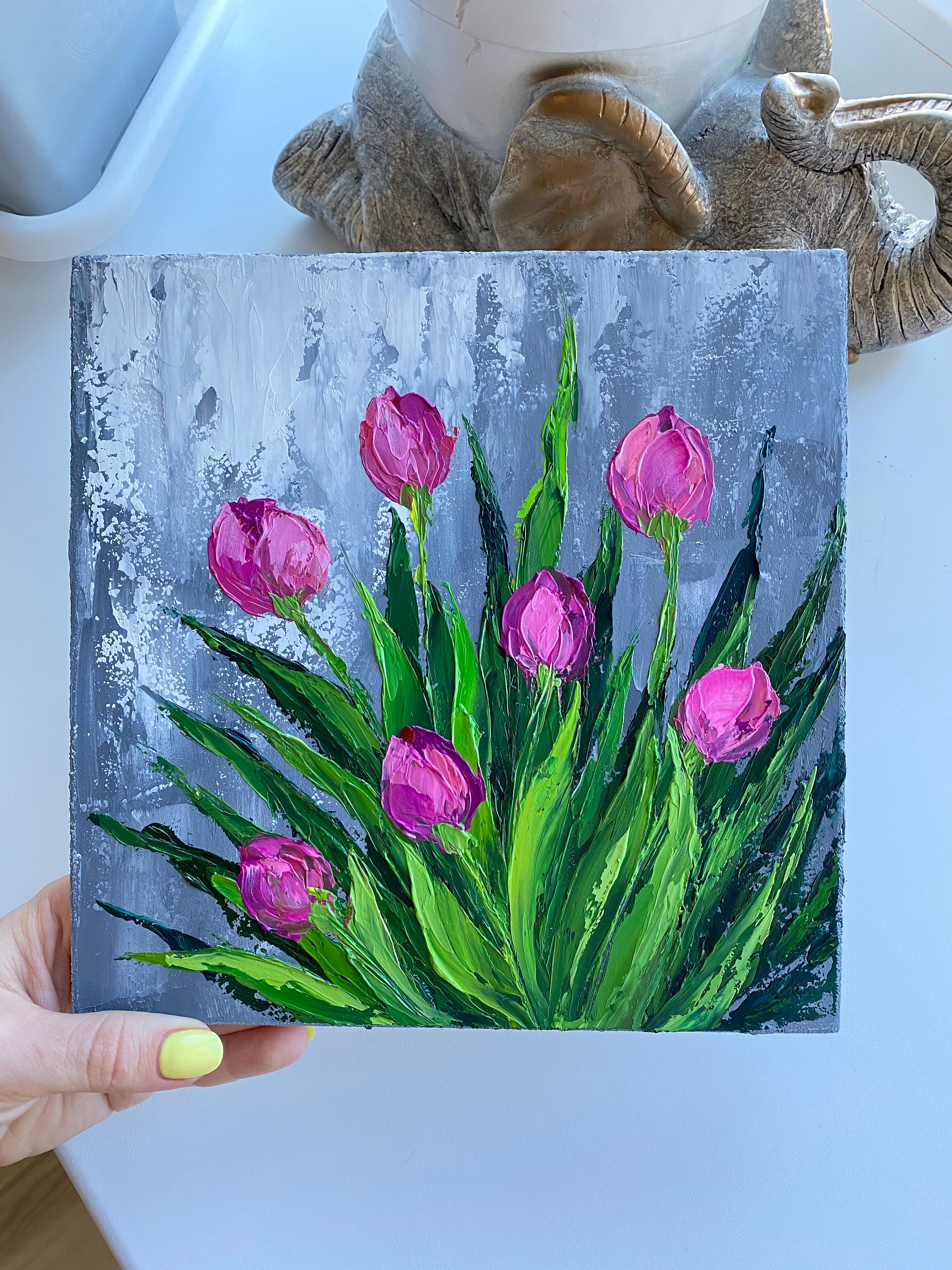 インパストチューリップ絵画：オリジナルの花の油絵、8x8 - Etsy 日本