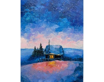 オリジナル冬の風景油絵：星空のコテージアート（12x8インチ） - Etsy 日本