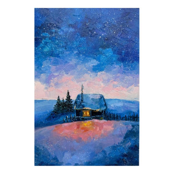 オリジナル冬の風景油絵：星空のコテージアート（12x8インチ） - Etsy 日本