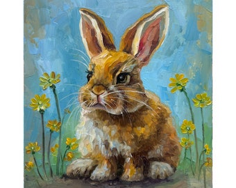 Pintura de conejito empastada: arte original de conejo al óleo, 8x8