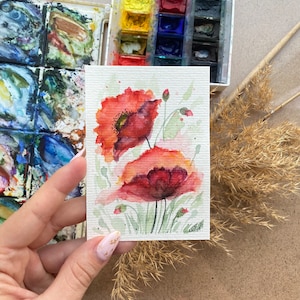 California Poppy Painting ACEO original watercolor art floral artwork Poppy Original Wall Art Red Flower Watercolor Painting Poppies Artwork